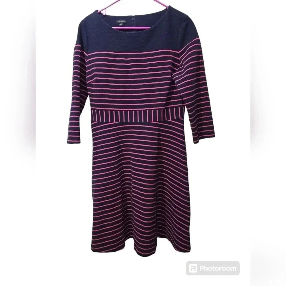 Talbots Navy Blue Pink Striped Textured Fit Flare Dress Large Excellent